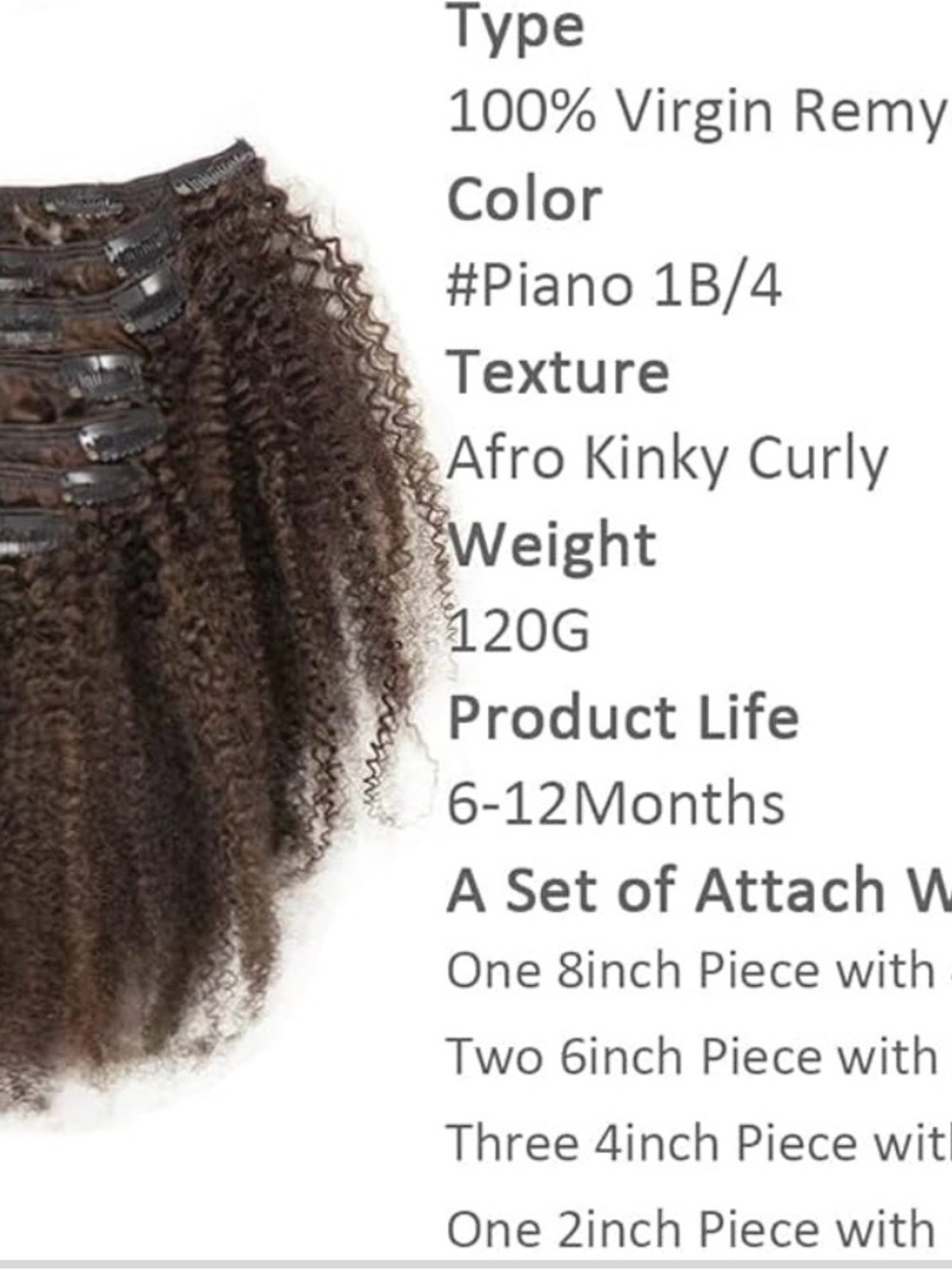 Afro Kinky Curly 18 Inch ClipIn Full Head Extensions 120G Human Hair #P1B/4 7PCS - Picture 4 of 5